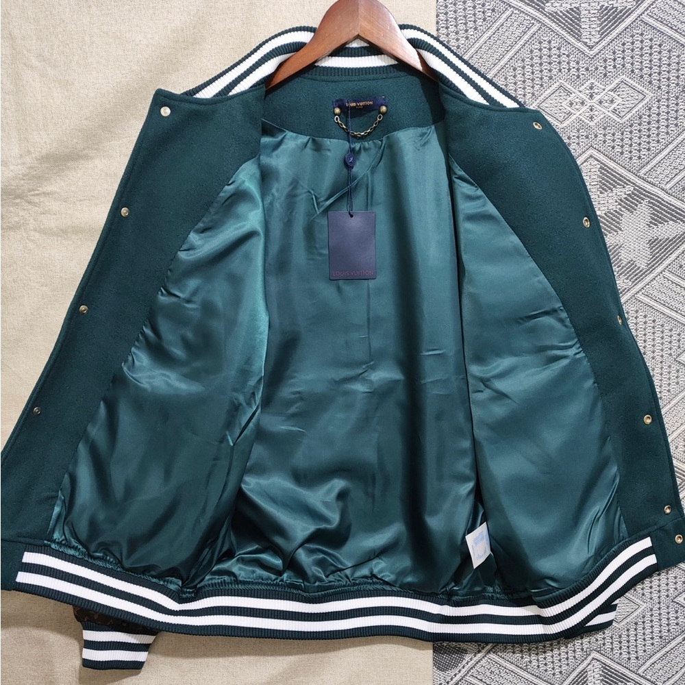 Louis Vuitton-Inspired Green Varsity Jacket with Brown Monogram Sleeves - Picture 7 of 11